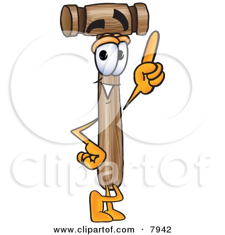 Clipart Picture of a Mallet Mascot Cartoon Character Pointing Upwards by Mascot Junction