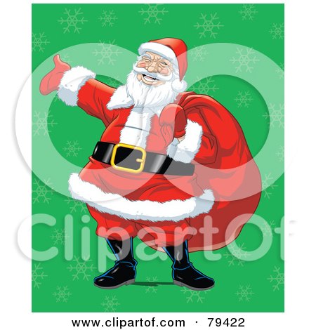 Royalty-Free (RF) Stock Illustration of a Caucasian Santa Laughing And Carrying His Toy Sack Over A Green Snowflake Background by Lawrence Christmas Illustration