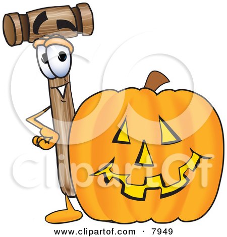 Clipart Picture of a Mallet Mascot Cartoon Character With a Carved Halloween Pumpkin by Mascot Junction