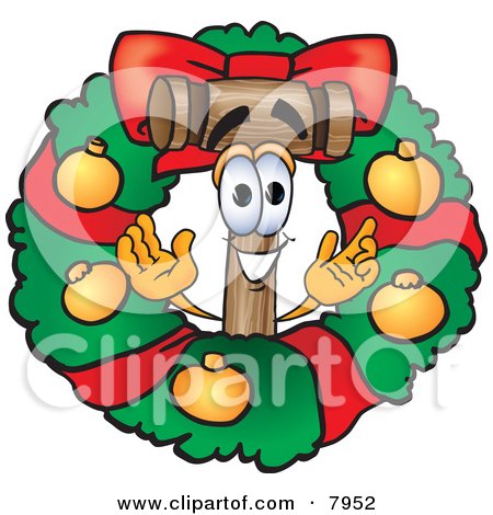 Clipart Picture of a Mallet Mascot Cartoon Character in the Center of a Christmas Wreath by Mascot Junction
