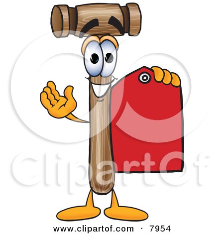 Clipart Picture of a Mallet Mascot Cartoon Character Holding a Red Sales Price Tag by Mascot Junction
