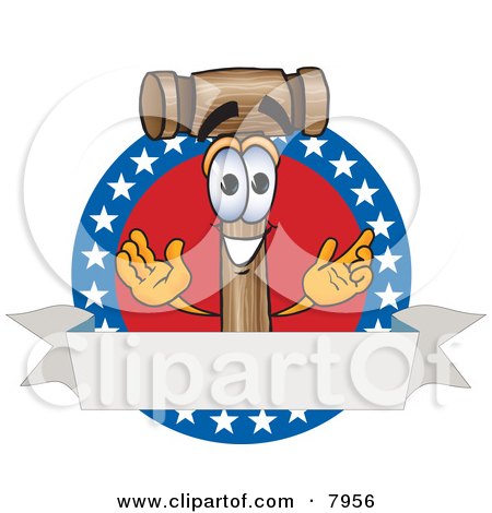 Clipart Picture of a Mallet Mascot Cartoon Character Logo With Stars and a Blank Label by Mascot Junction