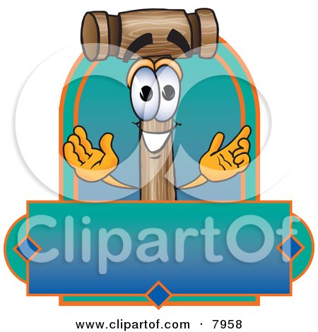 Clipart Picture of a Mallet Mascot Cartoon Character With a Blank Blue and Green Label by Mascot Junction