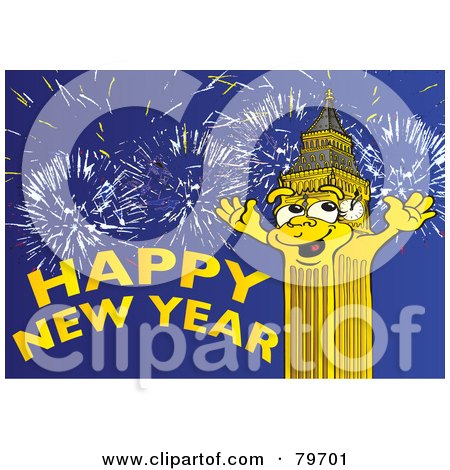 Royalty-Free (RF) Stock Illustration of a Happy New Year Greeting With Big Ben The Clock Tower Celebrating Under Fireworks by Snowy
