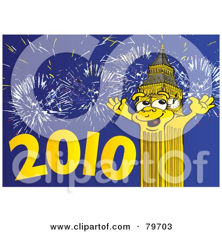 Royalty-Free (RF) Stock Illustration of Big Ben The Clock Tower Celebrating The New Year, 2010, Under Fireworks by Snowy