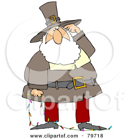 Royalty-Free (RF) Stock Illustration of Father Christmas In A Pilgrim Suit, Scratching His Head And Holding A Strand Of Christmas Lights by djart