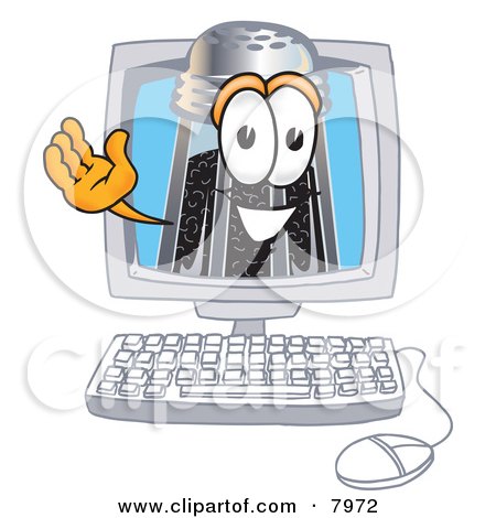 Clipart Picture of a Pepper Shaker Mascot Cartoon Character Waving From Inside a Computer Screen by Mascot Junction