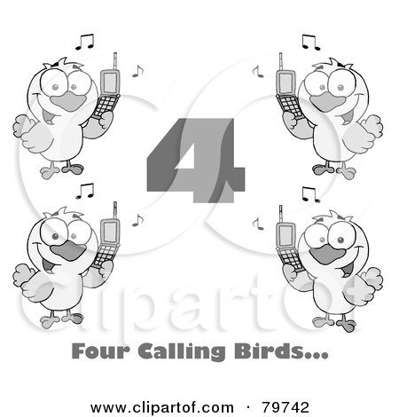 Royalty-Free (RF) Clipart Illustration of a Black And White Number Four With Text And Calling Birds Holding A Cell Phones by Hit Toon
