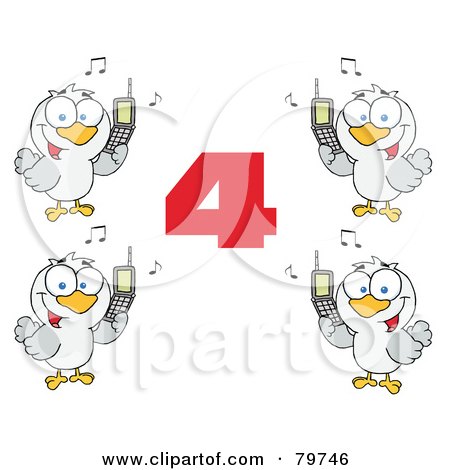Royalty-Free (RF) Clipart Illustration of a Red Number Four With Calling Birds Holding A Cell Phones by Hit Toon