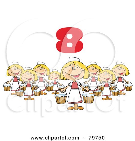 Royalty-Free (RF) Clipart Illustration of a Red Number Eight Over Eight Maids A Milking by Hit Toon