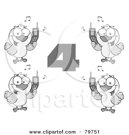 Royalty-Free (RF) Clipart Illustration of a Black And White Number Four With Calling Birds Holding A Cell Phones by Hit Toon
