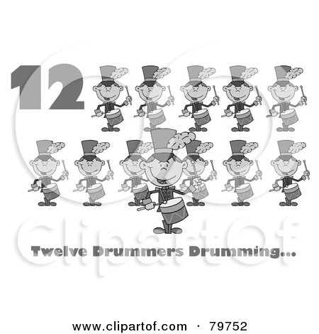 Royalty-Free (RF) Clipart Illustration of a Black And White Number Twelve And Text By Twelve Drummers Drumming by Hit Toon