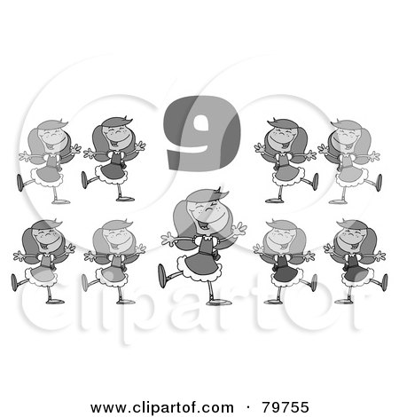 Royalty-Free (RF) Clipart Illustration of a Black And White Number Nine Over Nine Ladies Dancing by Hit Toon