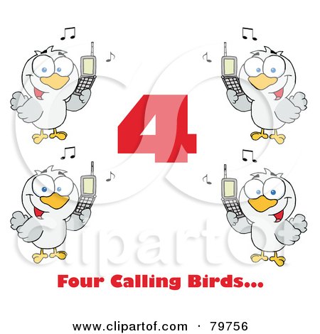 Royalty-Free (RF) Clipart Illustration of a Red Number Four With Text And Calling Birds Holding A Cell Phones by Hit Toon