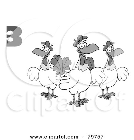 Royalty-Free (RF) Clipart Illustration of a Black And White Number Three Over Three French Hen Chickens by Hit Toon