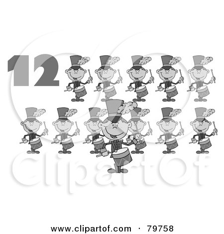 Royalty-Free (RF) Clipart Illustration of a Black And White Number Twelve By Twelve Drummers Drumming by Hit Toon