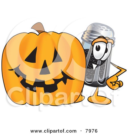 Clipart Picture of a Pepper Shaker Mascot Cartoon Character With a Carved Halloween Pumpkin by Mascot Junction