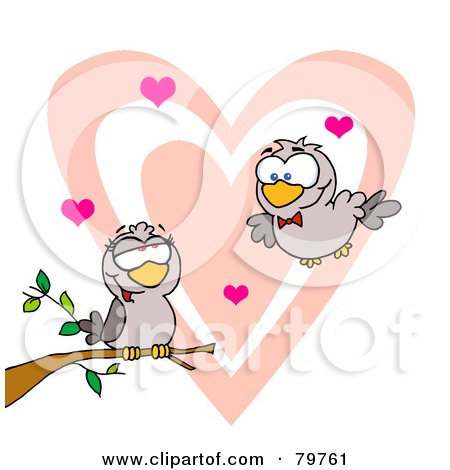 Royalty-Free (RF) Clipart Illustration of Two Turtle Doves By A Branch In Front Of A Big Heart  by Hit Toon