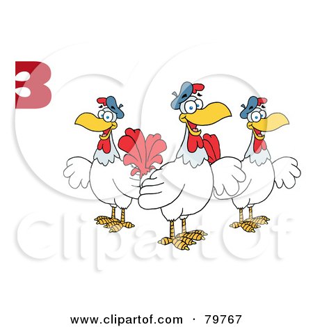 Royalty-Free (RF) Clipart Illustration of a Red Number Three Over Three French Hen Chickens by Hit Toon