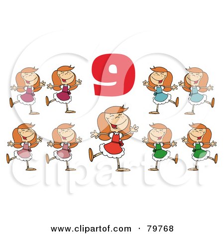 Royalty-Free (RF) Clipart Illustration of a Red Number Nine Over Nine Ladies Dancing by Hit Toon