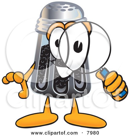Clipart Picture of a Pepper Shaker Mascot Cartoon Character Looking Through a Magnifying Glass by Mascot Junction