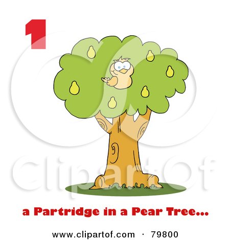 Royalty-Free (RF) Clipart Illustration of a Red Number And "A Partridge In A Pear Tree..." Text Under A Partridge In A Pear Tree by Hit Toon
