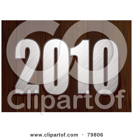 Royalty-Free (RF) Clipart Illustration of a 3d Brushed Metal 2010 On A Wooden Background by michaeltravers