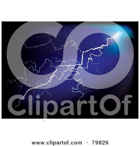 Royalty-Free (RF) Clipart Illustration of a Bolt Of Lightning Shining On A Blue And Black Background by michaeltravers