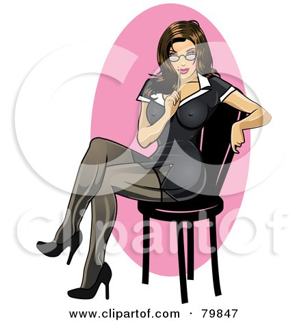 Royalty-Free (RF) Clipart Illustration of a Sexy Brunette Secretary Pinup Woman Sitting In A Black Dress by r formidable
