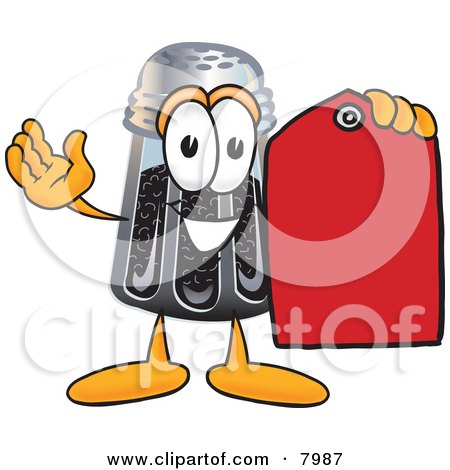Clipart Picture of a Pepper Shaker Mascot Cartoon Character Holding a Red Sales Price Tag by Mascot Junction