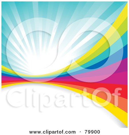 Royalty-Free (RF) Clipart Illustration of a Background Of A Rainbow Wall Over White Space Under A Blue Burst by MilsiArt