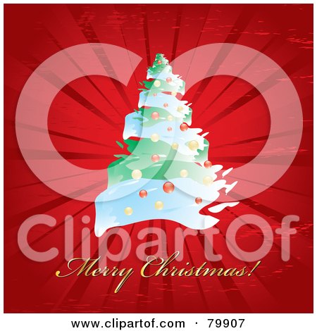 Royalty-Free (RF) Clipart Illustration of a Golden Merry Christmas Greeting On Red With A Christmas Tree And Burst by MilsiArt