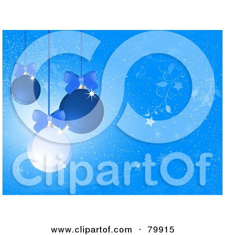 Royalty-Free (RF) Stock Illustration of a Blue Background Of Sparkly Blue And White Christmas Balls With Bows by elaineitalia