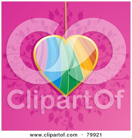 Royalty-Free (RF) Stock Illustration of a Rainbow And Gold Heart Pendant Over A Pink Floral Background by elaineitalia