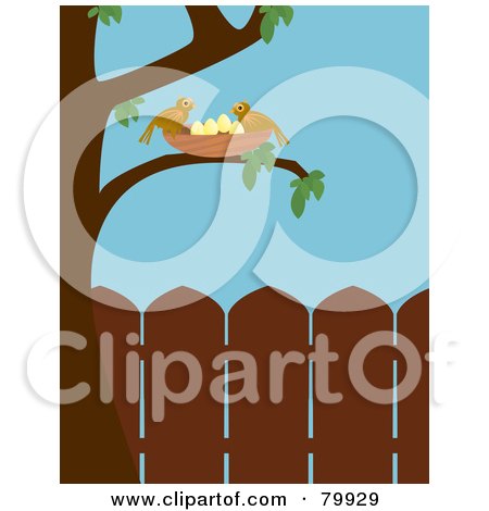 Royalty-Free (RF) Clipart Illustration of Two Birds Watching Over Their Nest In A Tree In A Backyard by Randomway
