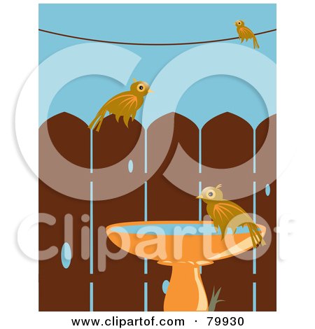 Royalty-Free (RF) Clipart Illustration of Three Birds Perched On A Wire, Fence And Bird Bath In A Back Yard  by Randomway
