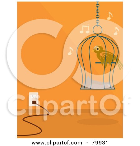 Royalty-Free (RF) Clipart Illustration of a Singing Caged Pet Bird Against An Orange Wall by Randomway
