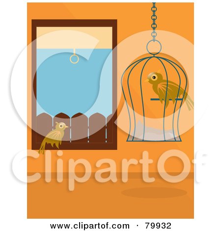 Royalty-Free (RF) Clipart Illustration of a Wild Bird Sitting In A Window And Watching A Caged Pet Bird In An Orange Room by Randomway