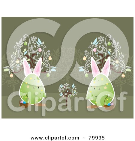 Royalty-Free (RF) Clipart Illustration of Two Bunny Eared Eggs Carrying Easter Baskets And Watching A Young Egg Tree Grow by Randomway