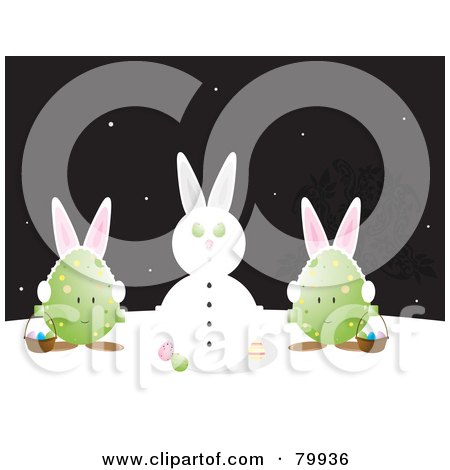 Royalty-Free (RF) Clipart Illustration of Bunny Eared Easter Eggs Standing By A Bunny Snowman And Holding Baskets by Randomway