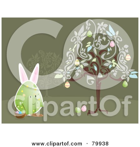 Royalty-Free (RF) Clipart Illustration of a Bunny Eared Egg Gathering Easter Eggs Under A Tree by Randomway
