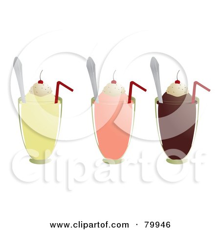 Royalty-Free (RF) Clipart Illustration of a Digital Collage Of Three Vanilla, Strawberry And Chocolate Milkshakes With Straws And Spoons by Randomway