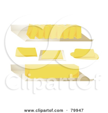 Royalty-Free (RF) Clipart Illustration of a Digital Collage Of Sliced, Cubed And Whole Butter Sticks by Randomway