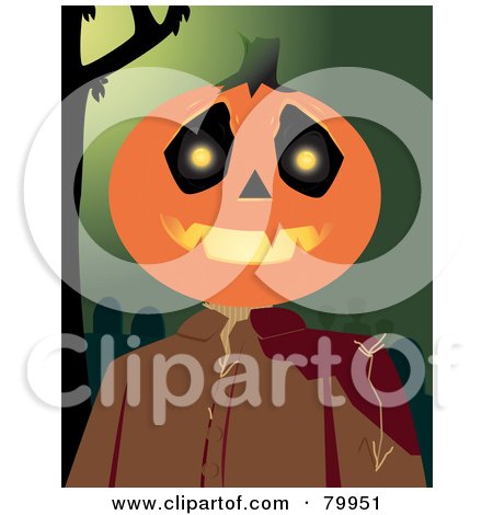 Royalty-Free (RF) Clipart Illustration of a Spooky Pumpkin Head Man With A Bloody Shoulder, Over A Green Cemetery Background by Randomway