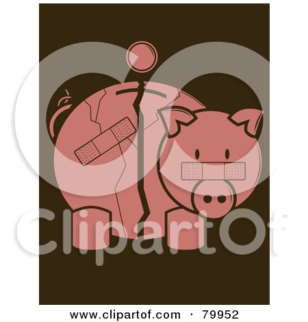 Royalty-Free (RF) Clipart Illustration of a Coin Over A Cracked And Bandaged Piggy Bank by Randomway