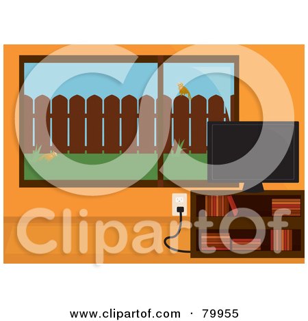 Royalty-Free (RF) Clipart Illustration of a Tv On A Book Shelf Near A Large Window, With A Bird Perched On The Fence Outside by Randomway
