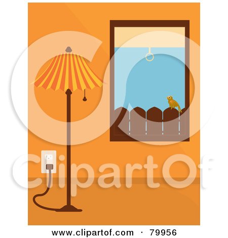 Royalty-Free (RF) Clipart Illustration of a Tall Lamp Against An Orange Wall, With A View Of A Bird On A Fence Out The Window by Randomway