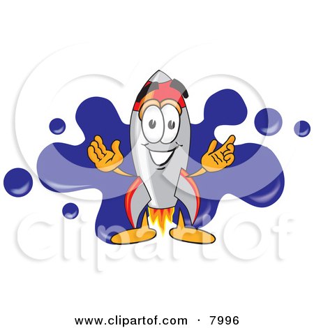 Clipart Picture of a Rocket Mascot Cartoon Character With a Blue Paint Splatter by Mascot Junction