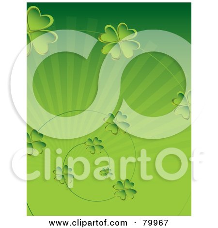 Royalty-Free (RF) Clipart Illustration of a Green St Paddy's Day Background With Clover Spirals Over A Burst by Randomway