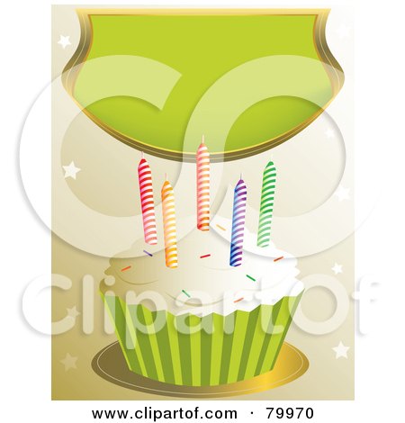 Royalty-Free (RF) Clipart Illustration of a Vanilla Frosted Cupcake With Sprinkles And Colorful Candles Under A Green Banner by Randomway